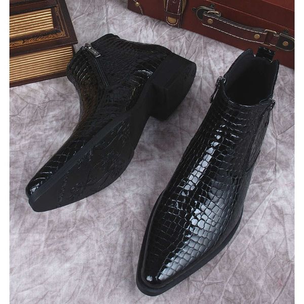 Botas de tornozelo de couro genuíno preto azul pontudo elegante vestido italiano formal padrão de crocodilo sapatos de inicialização homens