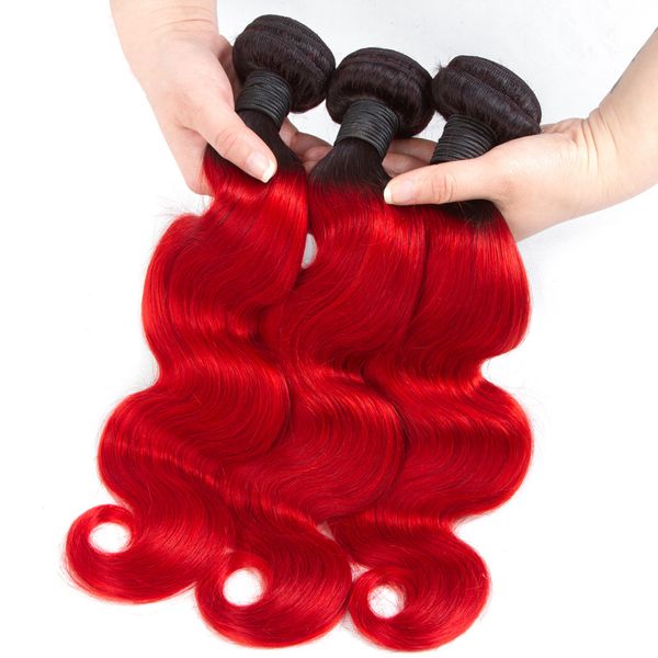Ombre 1B/vermelho onda corporal brasileira cabelo virgem remy humano tece 100 g/pacote tramas duplas 3 pacotes/lote