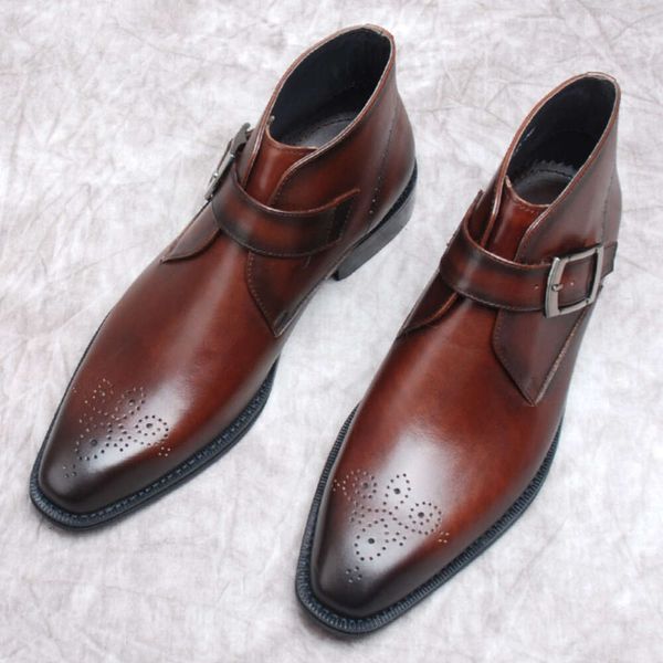 Tornozelo de couro genuíno preto marrom fivela de cinto pontiagudo sapato masculino formal elegante botas