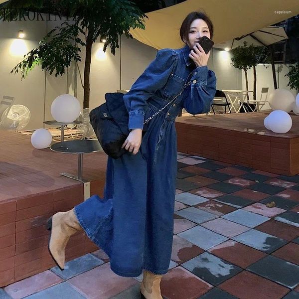 Casual Dresses TEROKINIZO Streetwear Vintage Denim Kleid Frauen Drehen Unten Kragen Langarm Weibliche Einfarbig Schlanke Taille Robe Femme