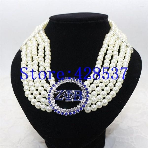 Girocollo Grecia Sorority greca Zeta Phi Beta Simbolo Royal Blue Bianco Cristallo Gioielli di perle Collane multistrato317e