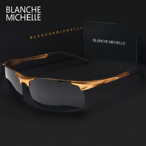 Óculos de sol esportivos de alumínio e magnésio, de alta qualidade, ultraleve, polarizados, masculino, uv400, retângulo dourado, condução ao ar livre, óculos de sol 240127