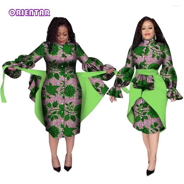 Roupas étnicas moda 2 peças conjunto vestidos africanos para mulheres lanterna manga camisa vestido com avental cera impressão yf126
