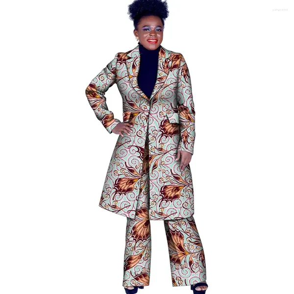 Roupas étnicas Personalize roupas africanas para mulheres casaco de manga comprida e calça blazer impressão ternos de cera trabalho festa escritório senhora fh024