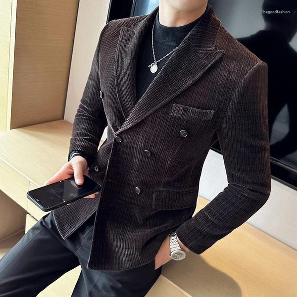 Herrenanzüge, Blazer, Herren, hochwertige zweireihige Cord-Blazer, Jacke für Männer, schmale Passform, lässig, dick, formelle Anzugmäntel, Schwarz/Kaffee