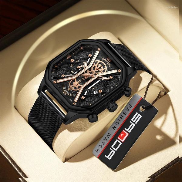 Наручные часы Черные повседневные мужские часы Деловой дизайн Универсальный стиль Сетчатый ремешок из нержавеющей стали
