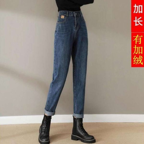 Große Ize-Jeanshose für Damen mit Pluh-Winter-High-Warte- und Limming-Effekt, verlängerte Version, hohe Frühlings- und Herbsthose mit geradem Bein, Harlan Dad
