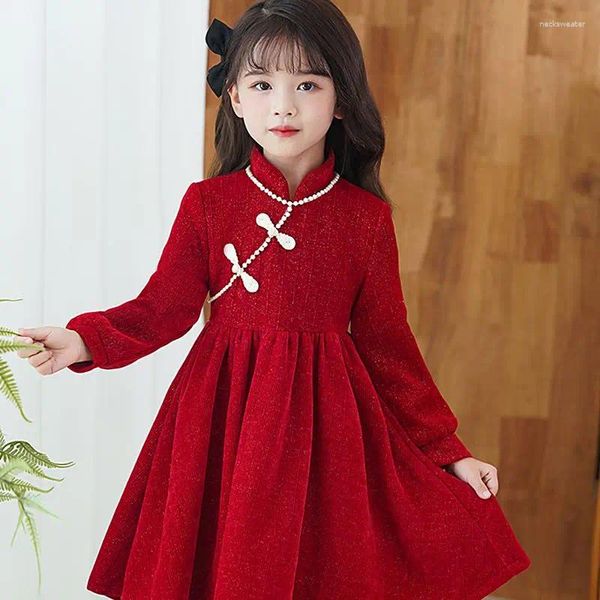 Abbigliamento etnico ACQUA Festival di primavera Chiamata dell'anno cinese Vestiti per bambini Costume Cheongsam per ragazza Abiti rossi Inverno Moderno Hanfu Pipao