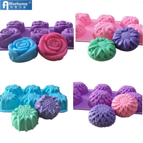 Moldes de cozimento 6 Girassol Crisântemo Flor Silicone Bolo Pan Cupcake Muffin Clay Craft Soap Mold Chocolate Sobremesa Ice Mold Maker