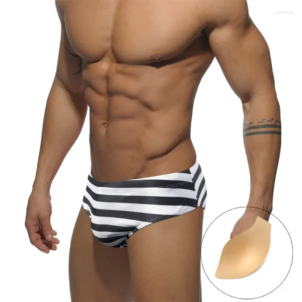 Roupa de banho masculina marca cuecas de natação sexy cintura baixa com almofada push-up preto branco listra shorts troncos boxers homem nadar praia