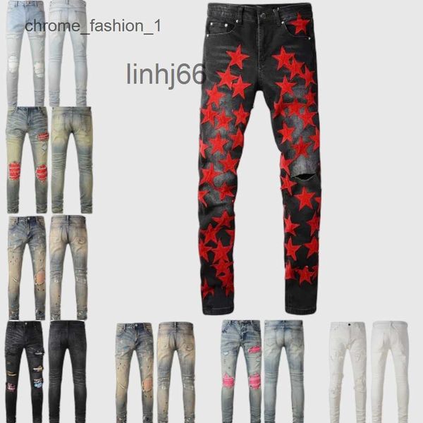 Jeans da uomo Amirs Jeans skinny strappati effetto consumato Moda Motocicletta Moto Lungo fuori cotone Piedi sottili High Street Denim Azzurro Pasta Panno Foro GpklQ