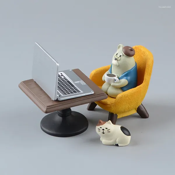 Estatuetas decorativas bonito dos desenhos animados gato sapo urso cadeira amarela modelo de computador ornamento de escritório mini decoração de casa acessórios de artesanato presente de mesa