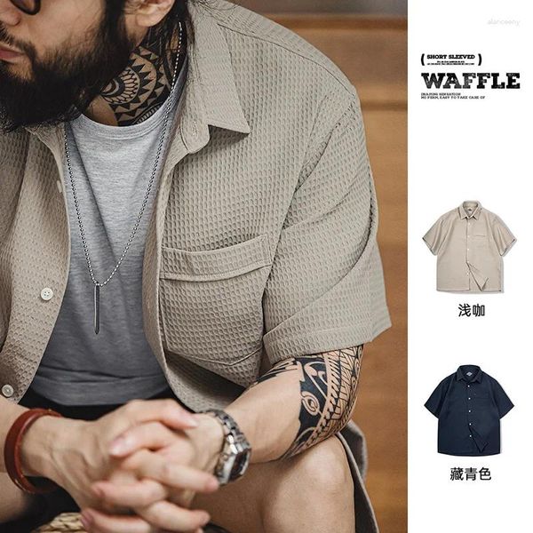 Homens camisetas Maden Casual Waffle Manga Curta para Homens Verão Não-ferro Anti-rugas Respirável Camisa Amekaji Botão Down T-shirt Tops