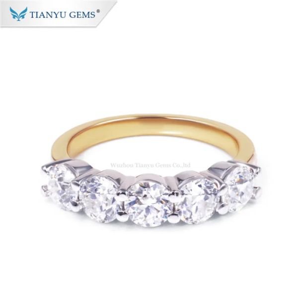 Anéis Tianyu Gems Personalizado 4.5mm Rodada Moissanite Diamante Anéis de Casamento Cinco Pedras Preciosas Jóias Finas 14k/Amarelo Branco Anel de Ouro Sólido