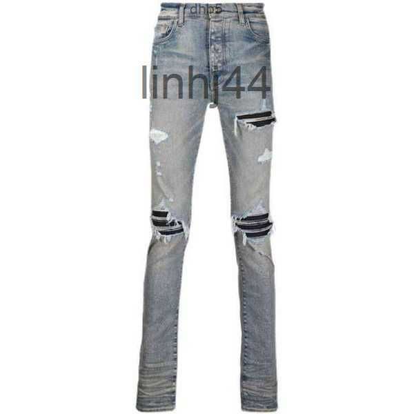 Herrenjeans Designer Europäische und amerikanische Amirs Modemarke Straße Mx1 Hellblau Distressed Patchwork Herren Slim Fit Modisch 2pqxhDNV8