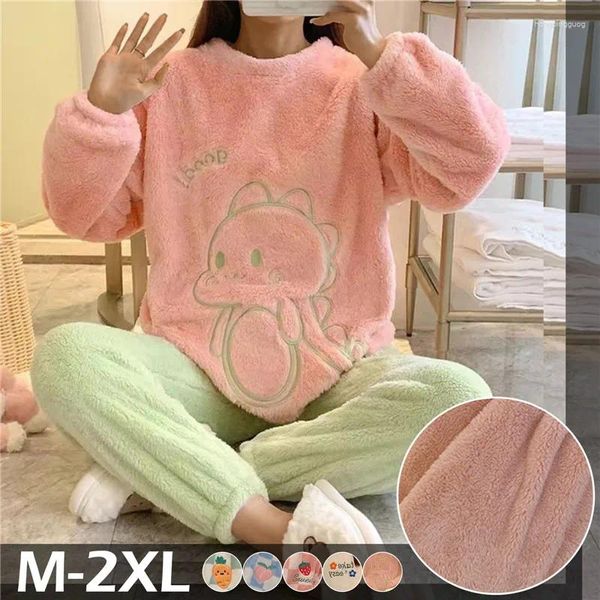 Indumenti da notte da donna Autunno Inverno Kawaii Cartoon Pigiama Set da donna Pigiama in pile Plaid Flanella Loung Ragazza Pigiama Abiti da notte Homewears