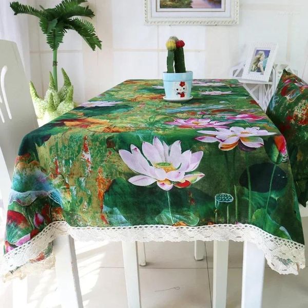 Toalha de mesa estilo chinês algodão linho toalha de mesa verde lótus renda restaurante decoração à prova de poeira acessórios de cozinha