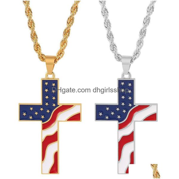 Collane con ciondolo Stelle e strisce americane Collane con ciondolo croce Collana con bandiera americana in acciaio inossidabile Accessori per gioielli di moda con Dhkw6