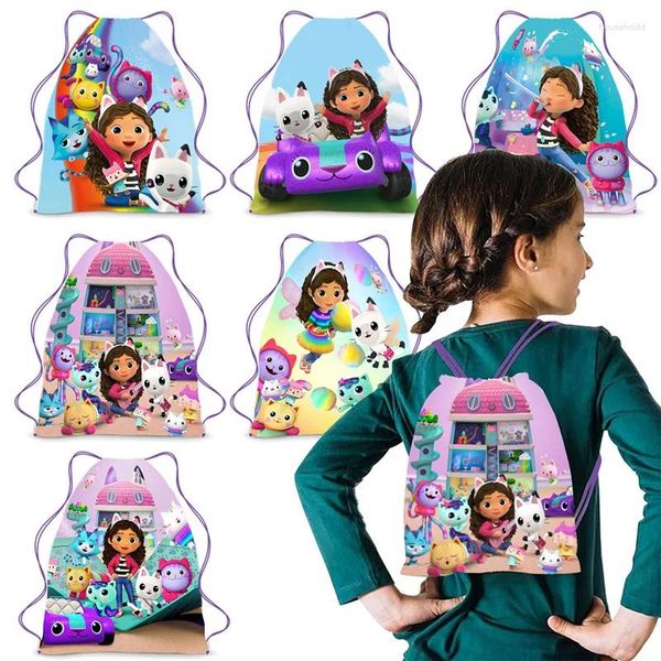 Hediye sargısı 6/36pcs Gabby Dollhouse Cat Doğum Günü S Dokunmayan kumaşlar Drawstring Sırt Çantası Çantası Bebek Duş Partisi Malzemeleri