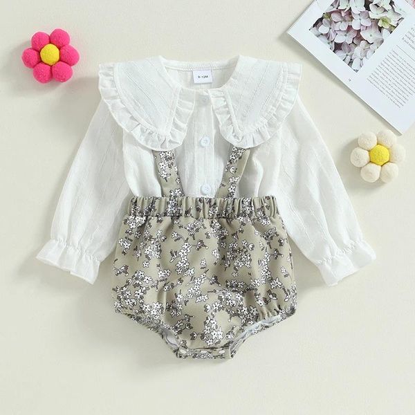 Conjuntos de roupas adorável bebê meninas outono princesa menina elegante babados botão manga longa blusa camisas floral suspender bodysuits