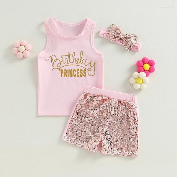 Set di abbigliamento FOCUSNORM 2-7Y Estate Bambino Ragazze Compleanno Vestiti Senza maniche Lettera Stampa Canotte Paillettes Pantaloncini Fascia