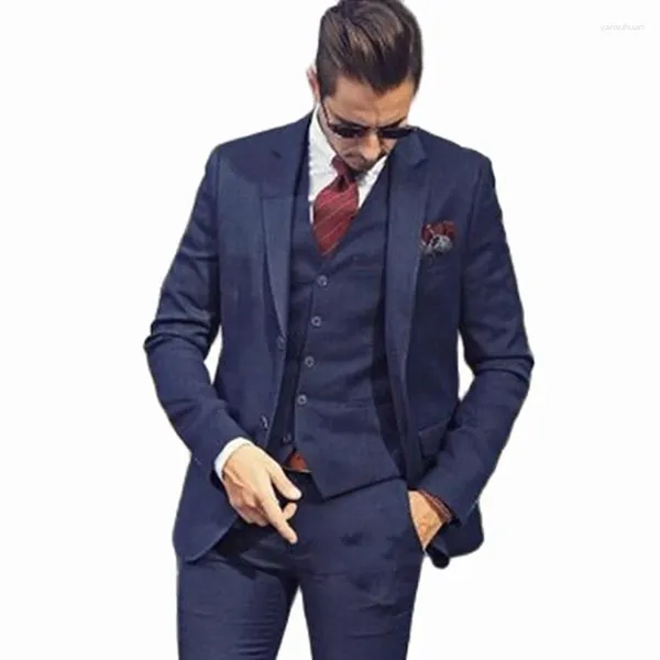 Herrenanzüge Neueste 3 Stück Marineblau Männer 2024 Maßgeschneiderte Zwei Knöpfe Bräutigam Smoking Slim Fit Hochzeit für (Blazer Weste Hosen)