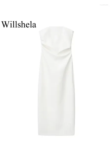 Abiti casual Willshela moda donna bianco pieghettato sul retro con cerniera abito midi vintage senza spalline con collo slash femminile chic da donna