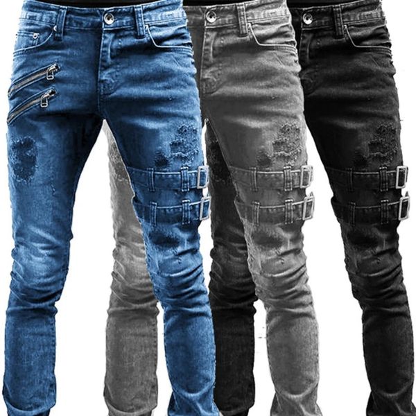 Männer Slim Biker Zerrissene Lange Denim-Hose Röhrenjeans Taschenseitengurte und Reißverschlüsse Männliche Jogginghose Zerstörte dehnbare Hose 240124