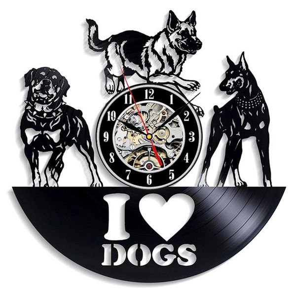 Orologio da parete con disco in vinile Design moderno I Love Dog Animal Orologio da parete in vinile Orologio appeso Decorazioni per la casa Regali per gli amanti dei cani 12 pollici224w