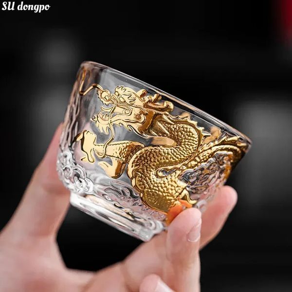 Chinesischer goldener Drache, verheißungsvolle Wolke, Teetasse, goldbemalt, Meistertasse, Kristall, transparentes Glas, Zen-Kung-Fu-Teeschale 240118