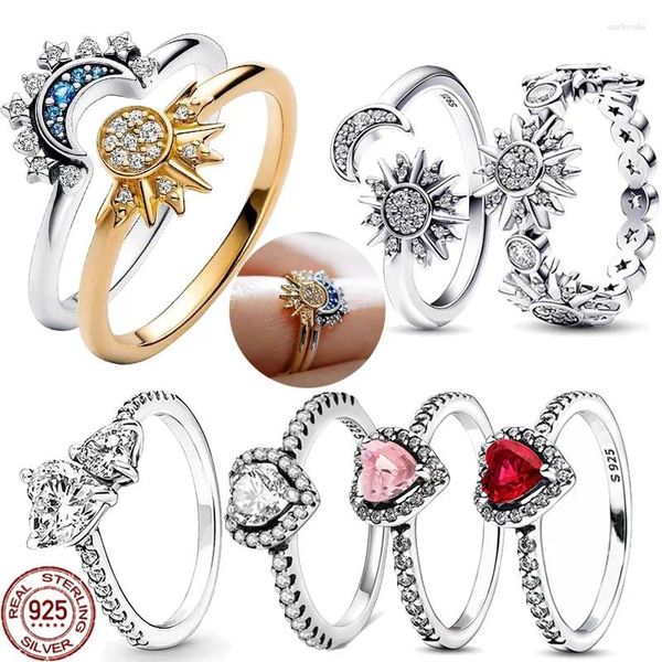 Anéis de cluster vendendo 925 prata esterlina clássico coroa em forma de coração anel requintado sol lua luz luxo charme feminino jóias presente