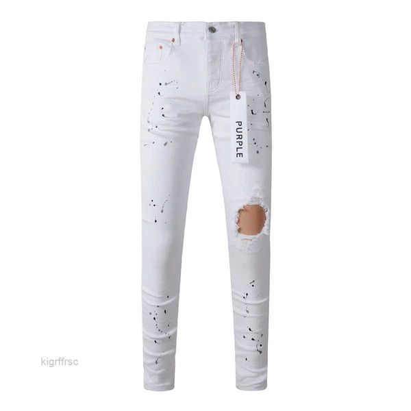 Roxo Marca Mens High Street Slim Fit Destruído Buraco Branco Hip Hop Splash-ink Jeans Calças Compridas Streetwear YNT6