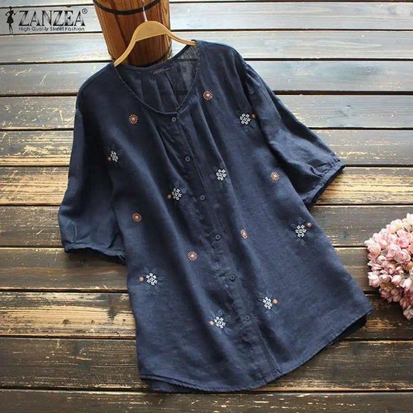 Kadın bluzları zanzea yaz çiçek nakış bluzu kadınlar vintage kısa kollu gömlek rahat o boyun düğmeleri gevşek blusas dişi tunik üstleri