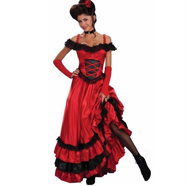 Costumi Catsuit Sexy Gypsy spagnolo Abito rosso in pizzo Cancan Donna Abiti lunghi con spalle scoperte Abiti Plus Size Saloon occidentale 265Y