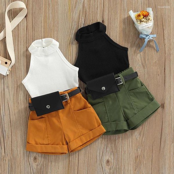 Set di abbigliamento 0-8 anni Vestiti estivi per neonate con marsupio 3 pezzi Top senza maniche a costine per bambini Pantaloni corti Pantaloncini per bambini Abiti