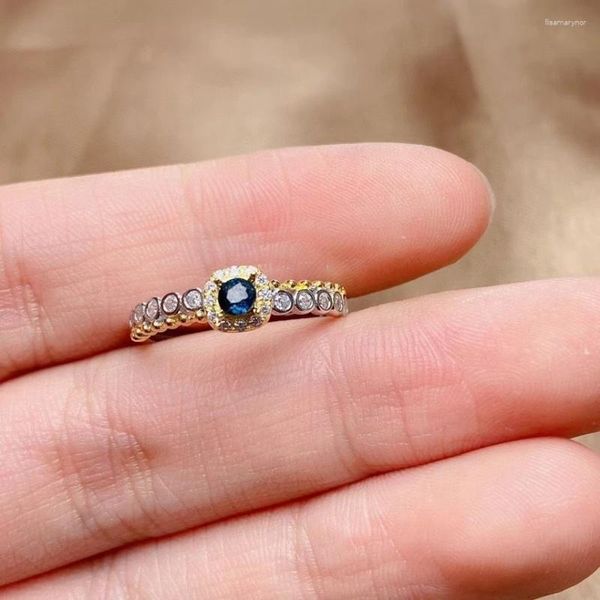 Anéis de cluster moda anel de safira azul escuro para uso diário 4mm jóias esterlinas de prata natural