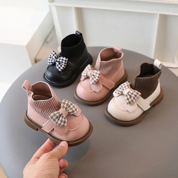 High Top Baby Mädchen Kintted Sock Schuhe Hahnentritt Buttefly-knot Kleinkind Stiefel für Kinder Mädchen Elegante geborene Herbst Schuhe G09273 240127