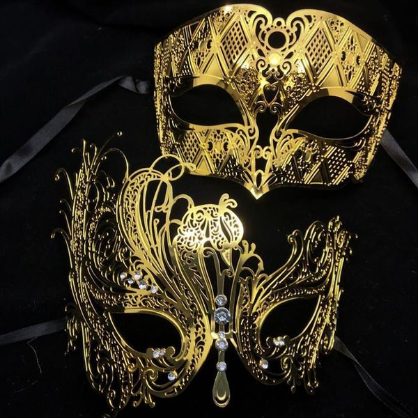 Siyah Gümüş Altın Metal Dili Lazer Kesim Çift Venedik Parti Maskesi Düğün Top Maskesi Cadılar Bayramı Masquerade Kostüm Masker Seti T2266S