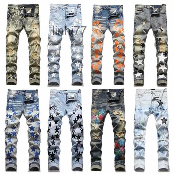 Herren-Jeans, Herren-Designer-Röhrenjeans, Sommermode, Stretch-Jogginghose, Luxus-Hosen, lässig, Sterne-Muster, übergroß, zerrissen, Amirs StreetwearZ65X