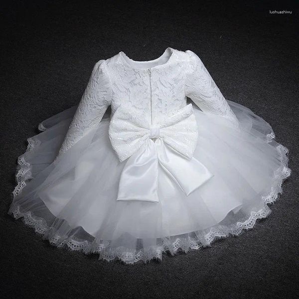 Платья для девочек с длинными рукавами для маленьких девочек на рождественскую вечеринку, свадьбу, кружевное белое платье принцессы с большим бантом для первого дня рождения, белое платье для крещения