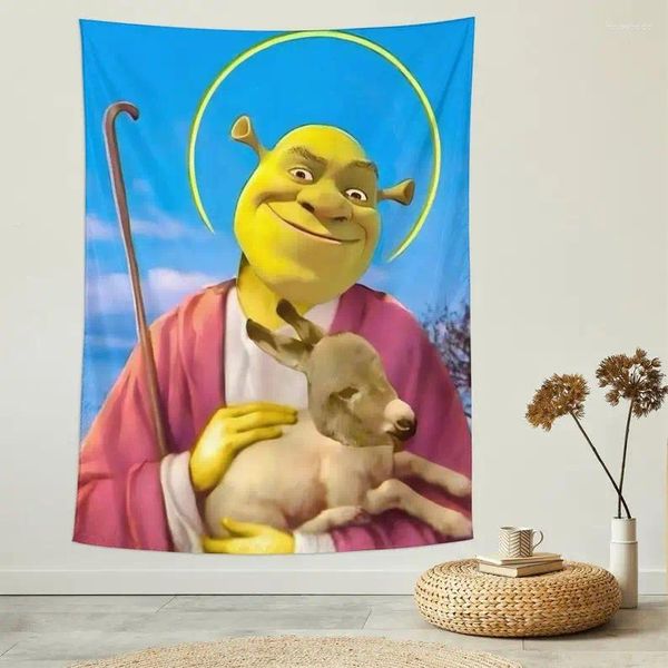Gobelin Wandteppich „God Shrek“, lustiges Meme, Anime-Wandkunst für Schlafzimmer, Studentenwohnheim, Heimdekoration