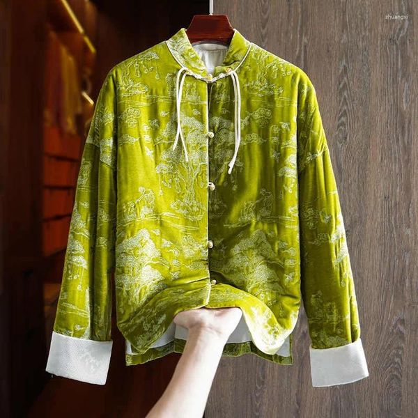 Roupas étnicas Inverno Verde High End Silk Velvet Algodão Roupas Femininas Retro Estilo Chinês Prata Fio Bordado Jaquetas S-XL