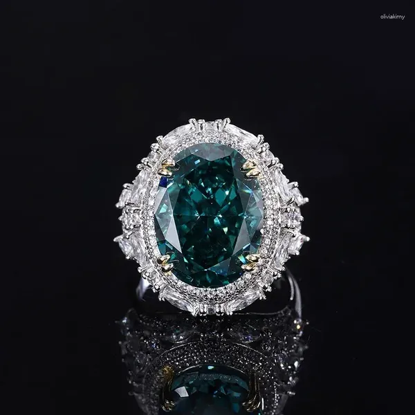 Cluster-Ringe, leichter Luxus, 925er Sterlingsilber, 12–16 mm, mintgrüner Ring mit hohem Kohlenstoffgehalt und Diamantschliff, geeignet für Damen-Boutique-Schmuck