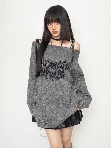 Grunge y2k camisola malhas feminino estilo japonês gótico fora do ombro manga longa rasgado jumper harajuku goth streetwear 240131