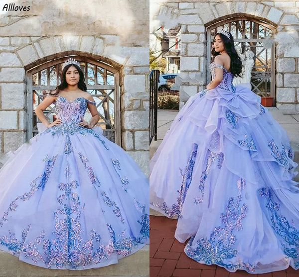 Голубое бальное платье принцессы Платья Quinceanera Блестящие кружевные аппликации с блестками Сексуальные пышные платья для выпускного вечера с открытыми плечами Вечернее платье больших размеров для девочек Sweet 16 CL3272