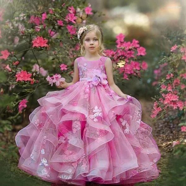 Abiti da ragazza Fiore rosa Organza senza maniche Lunghezza pavimento Festa di compleanno per bambini Abito da sposa per prima comunione