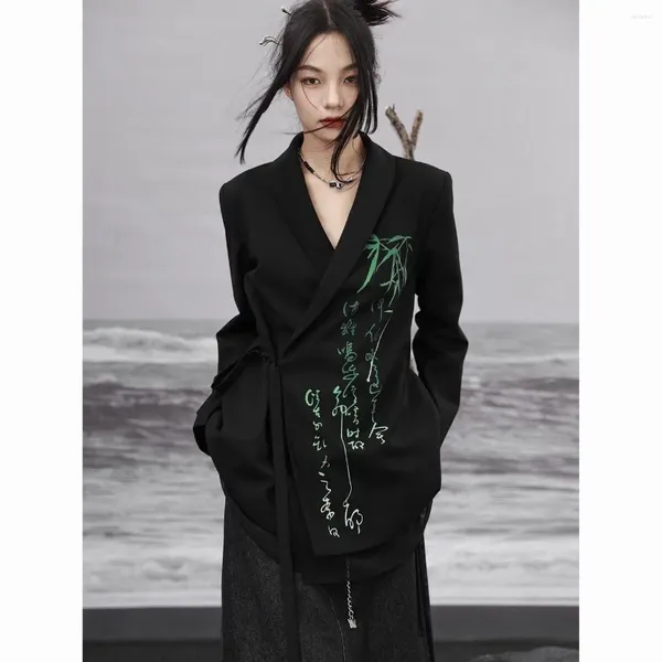 Этническая одежда, осенний женский стиль в китайском стиле, модный костюм Тан, рубашка, куртка, восточное черное пальто с длинными рукавами и улучшенным принтом