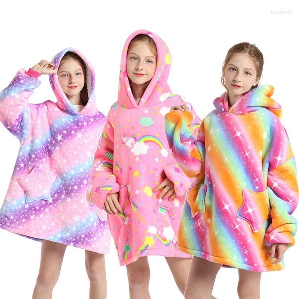 Coperte Coperta TV con maniche Felpa con cappuccio in pile polare in flanella invernale Felpe con cappuccio moda unicorno arcobaleno per ragazze Ticken Warm