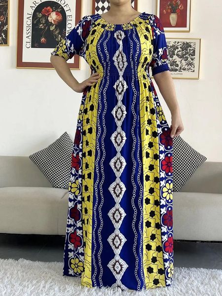 Этническая одежда 2024, африканское хлопковое платье Дашики с цветочным принтом, с коротким рукавом, со сборной талией, прямое свободное женское платье с шарфом