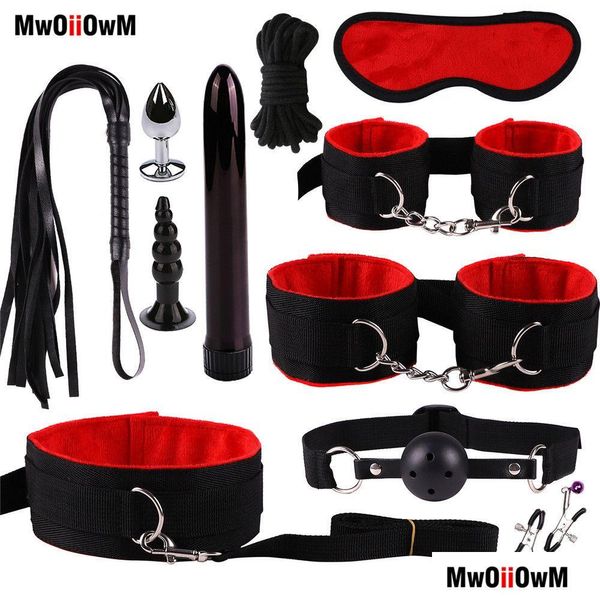 Massaggiatori per le gambe Giocattolo Masr Mwoiiowm Accessori esotici Set di bondage in nylon Y Lingerie Manette Frusta Corda Vibratore anale Adt Giocattoli per Drop De Dhfqw